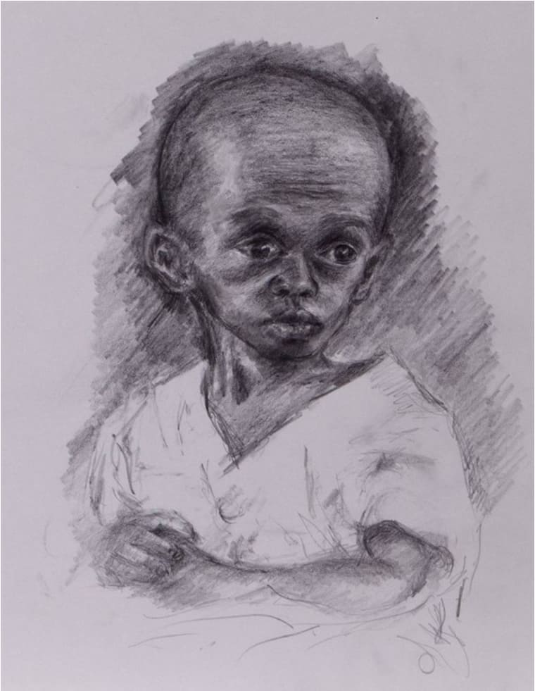 Crise humanitaire au XXème siècle : famine au Biafra – Portrait à la mine de plomb dessiné en direct lors d’un reportage télévisé de la BBC