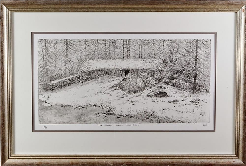 THE CLACHAN – Ancient Settlement in the Highlands Perthshire (Scotland) - Print from original drawing made on location then copied on copper plate and engraved- 1ft 11” inches x 2ft 11” inches
